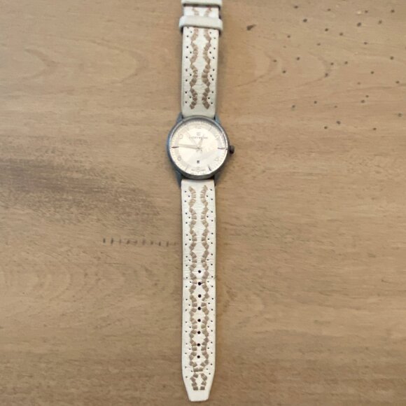 Lucky Brand White leather watch with antique steel finish and embroidered band - Picture 2 of 7